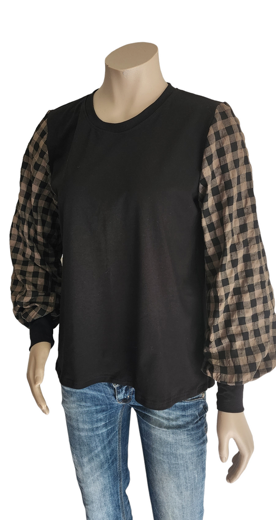 Black Gingham Linen / Cotton Top