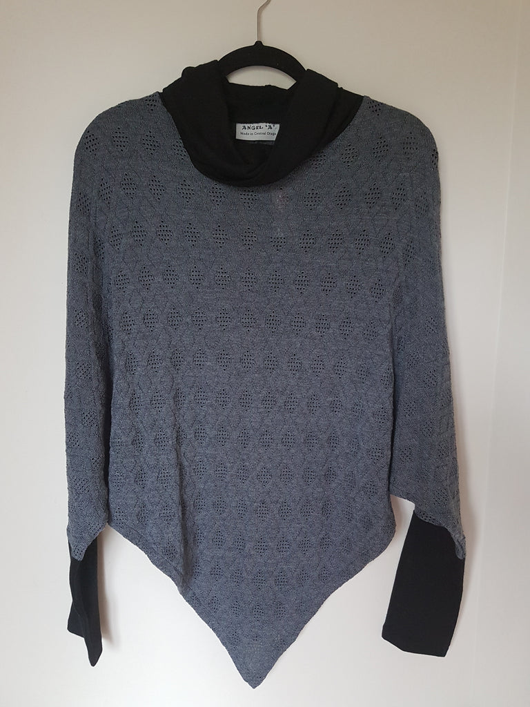 100% Merino Charcoal Diamond Cut Out Poncho With Sleeve