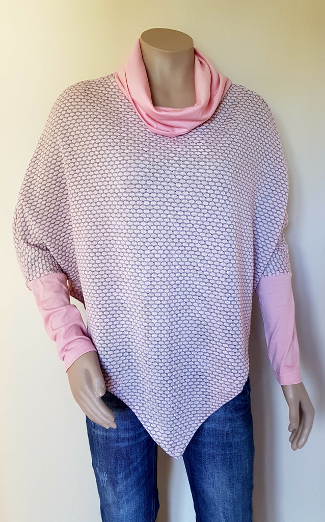 100% Merino Pink & Grey Poncho With Sleeve