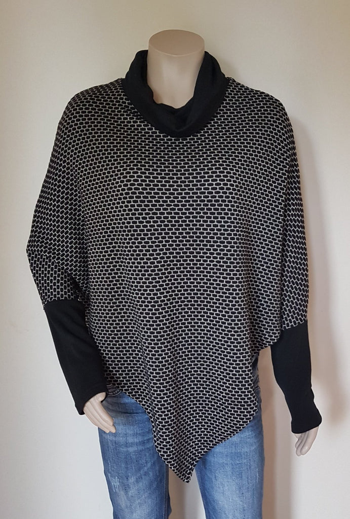 100% Merino Black & Grey Poncho With Sleeve