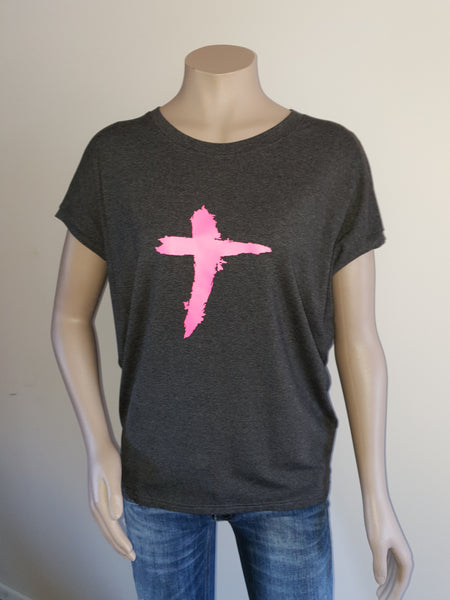 Charcoal Tee with Pink Print