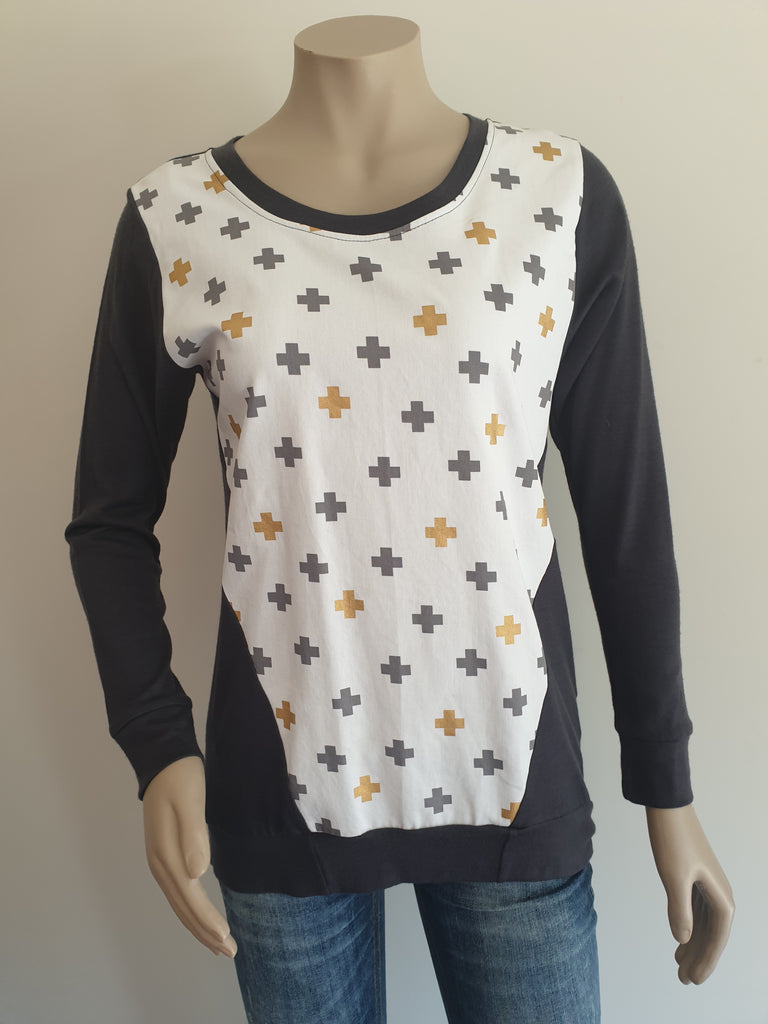 Charcoal Merino with metallic gold cross Jumper