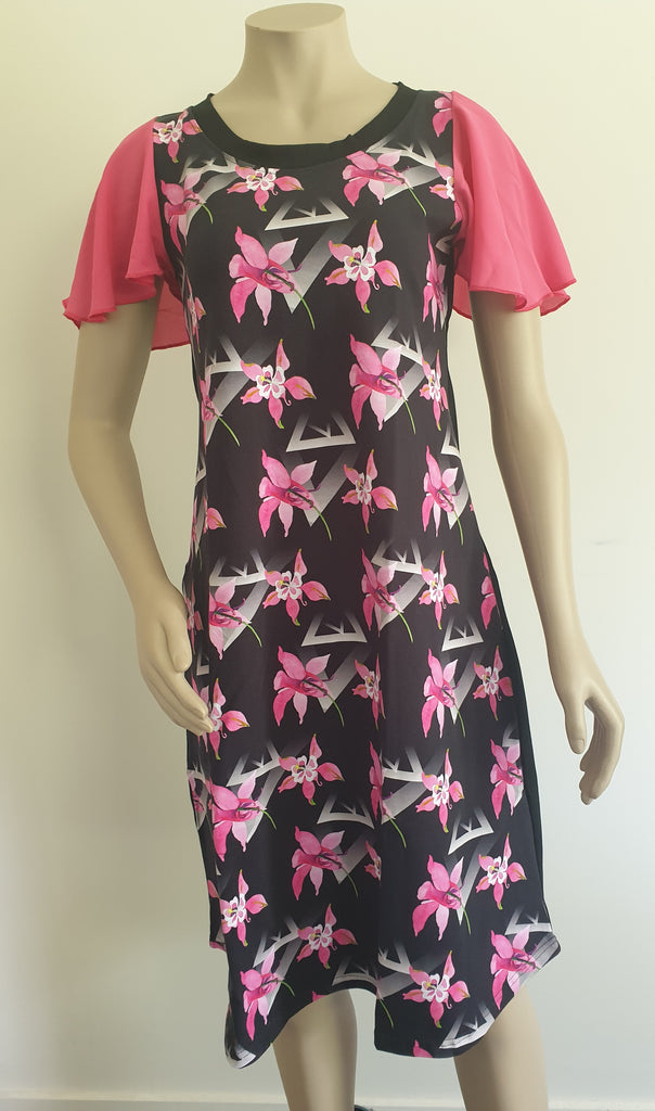 Floral Pink Triangle Sleeve Flutter Sleeve Dress