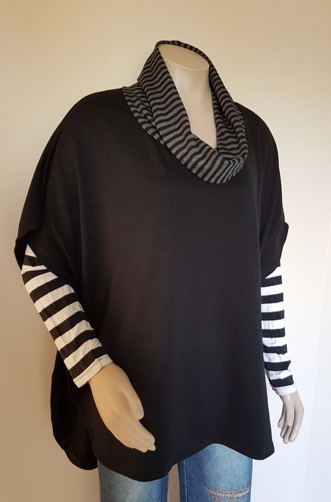 Black Ponte Merino Stripe Cowl Neck Poncho