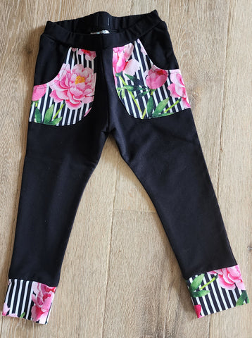 Black & Pink Floral Stripe Pants