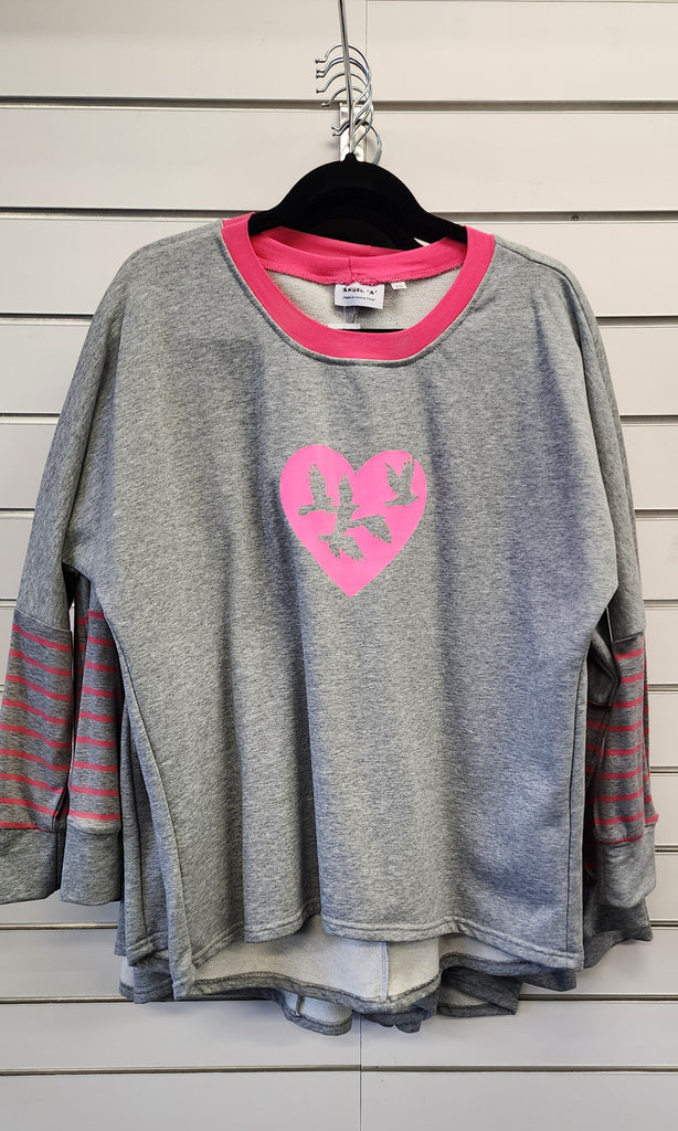 Grey Pink Heart Batwing Top