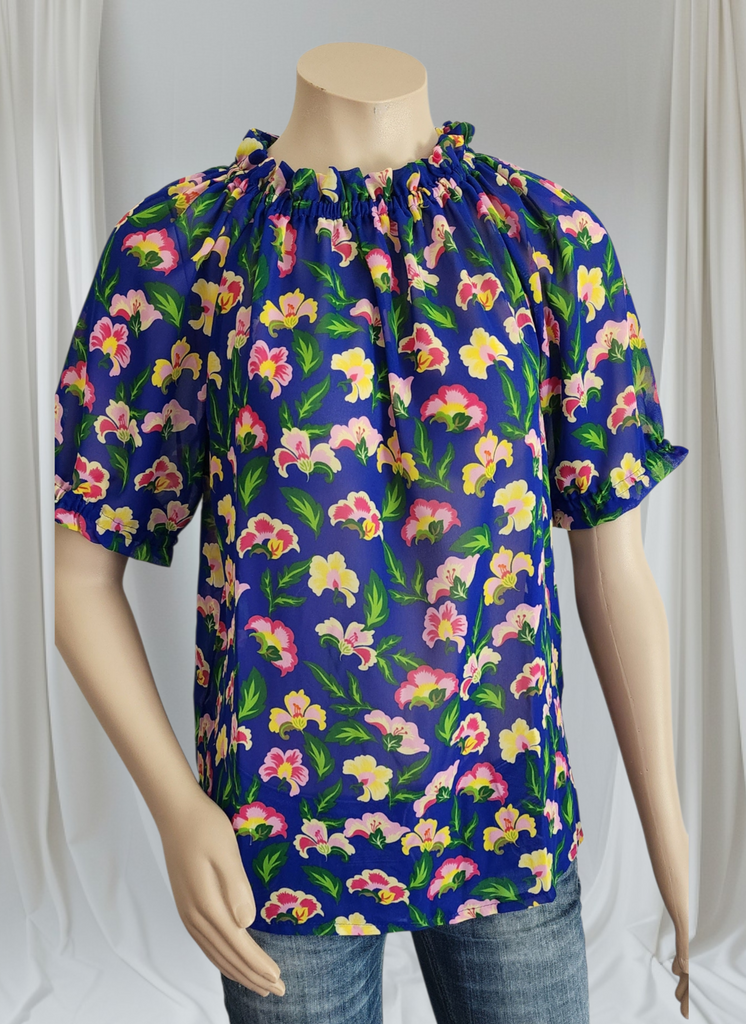 Purply  Blue Chiffon Short Sleeve Ruffle Top