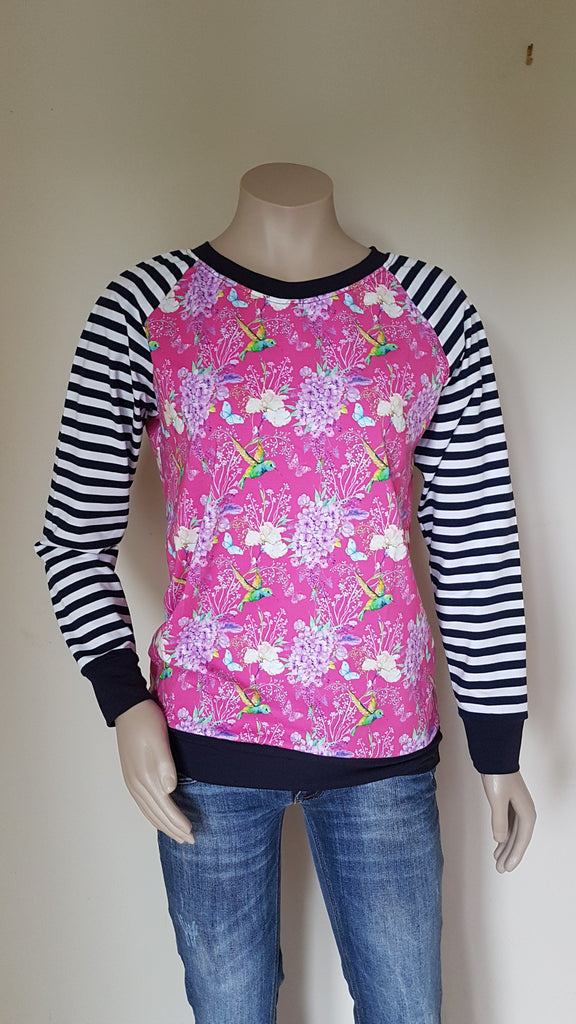 Pink Bird with Blue & White Stripe Sweatshirt