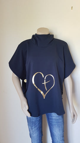 Navy Heart Print Hooded Sweatshirt Poncho - Cotton