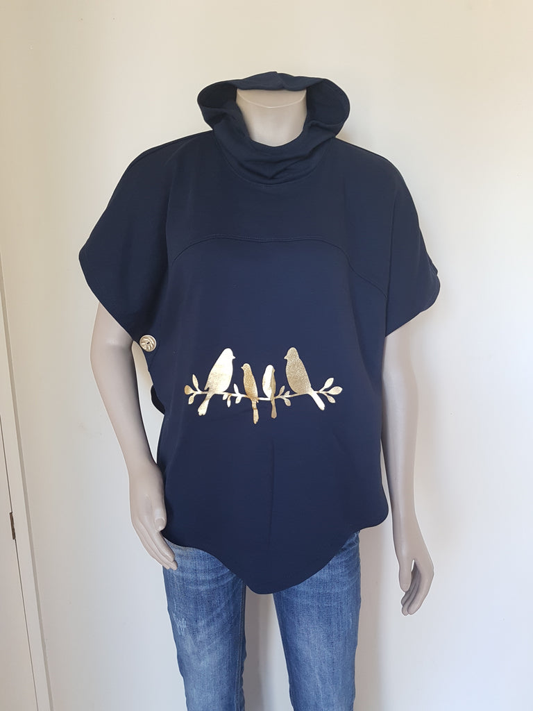 Navy Bird Print Hooded Sweatshirt Poncho - Cotton