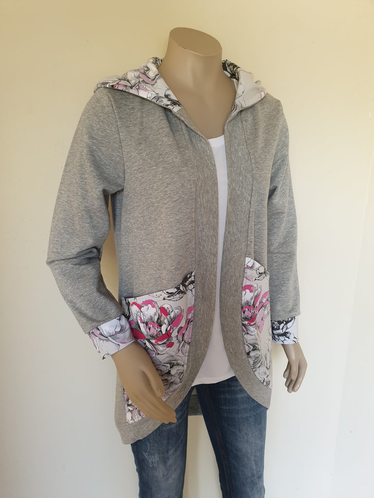 Grey Floral Longline Hooded Cardi