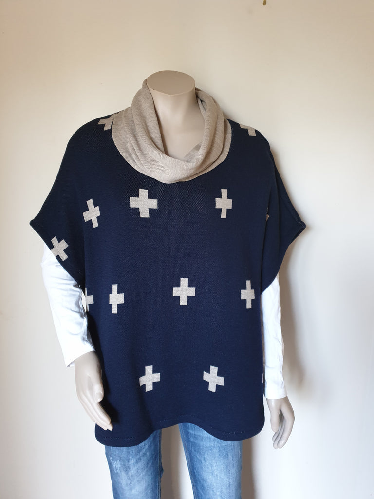 Navy / Taupe Cross Poncho