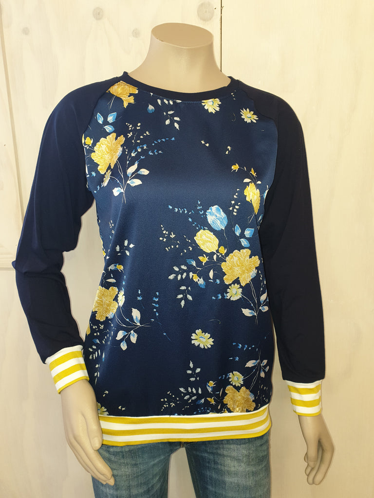 Navy Floral Mustard Crepe Top