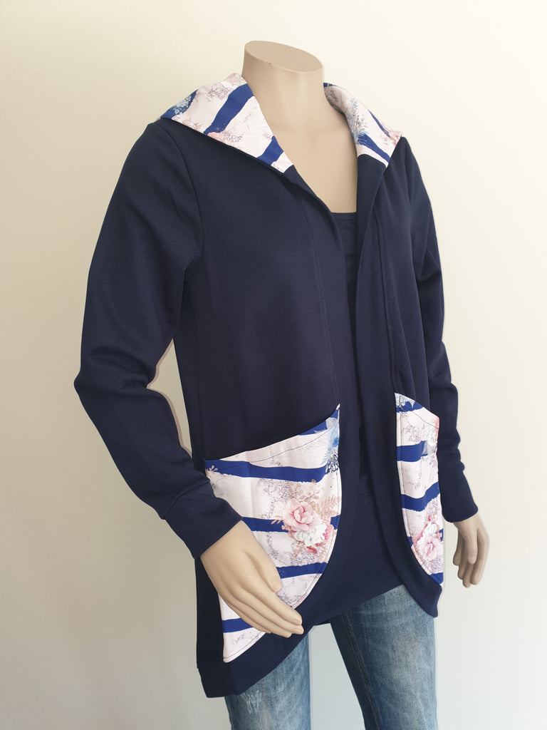 Navy - pink  Longline Hooded Cardi