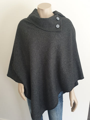 Wool Button Neck Poncho - grey / black