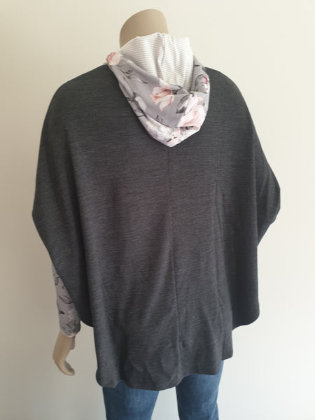 Charcoal Merino Floral Hooded  Poncho