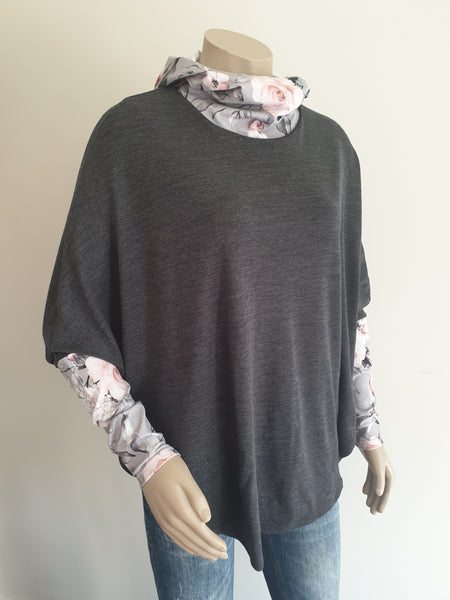 Charcoal Merino Floral Hooded  Poncho