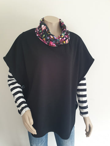 Black Ponte Merino Floral Cowl  Poncho