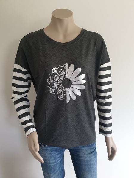 Charcoal / Silver Print Long Sleeve Stripe Tee