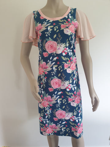 Navy Floral Blush Flutter Sleeve Dress