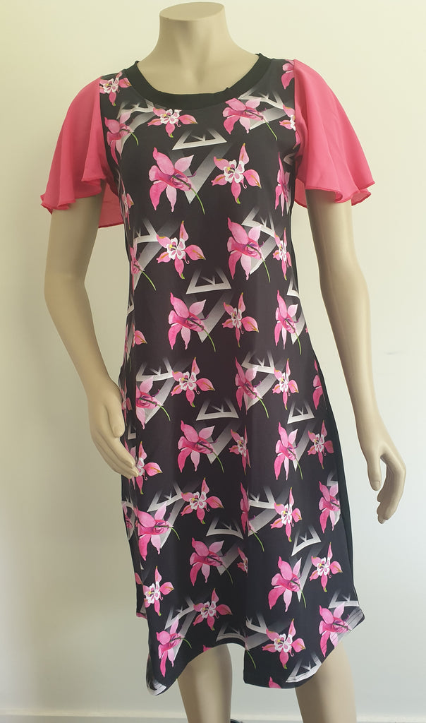 Floral Pink Triangle  Sleeve Flutter Sleeve Dress