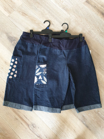 Pocket Navy Denim Long Shorts - knee lenght