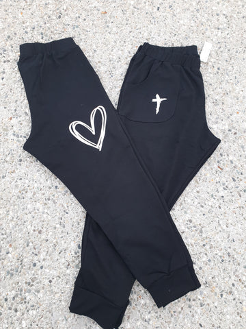 Black French Terry Silver Heart Cross Pants