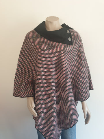 Wool Button Neck Poncho - red / black