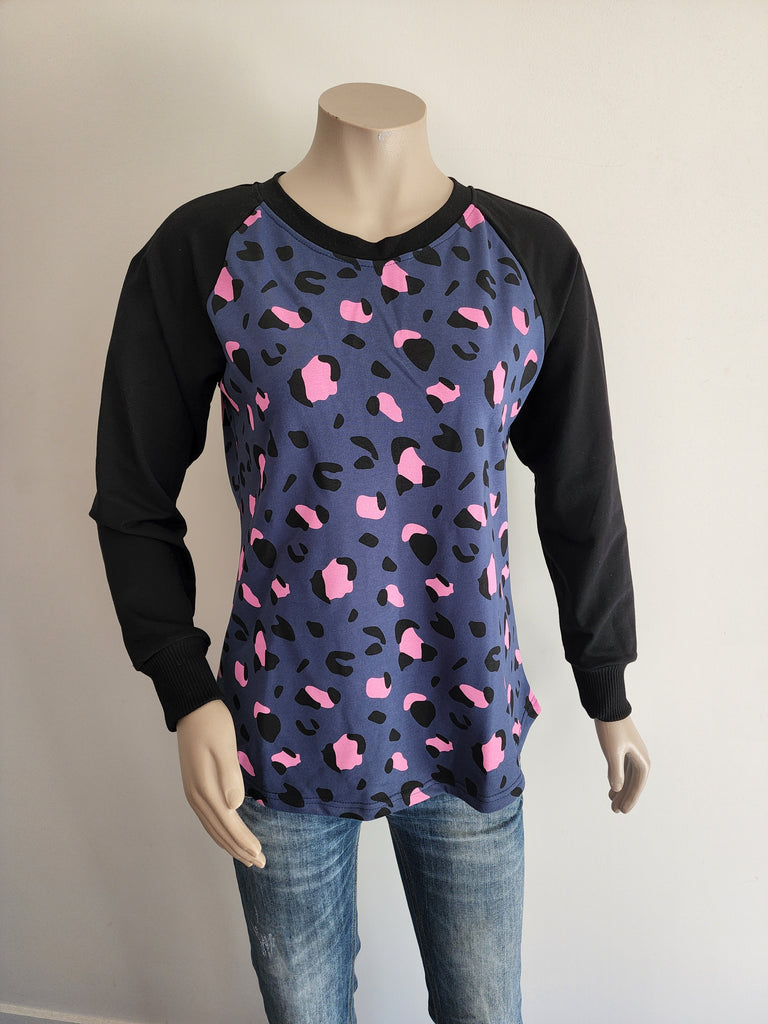 Denim Pink Leopard Print Sweatshirt