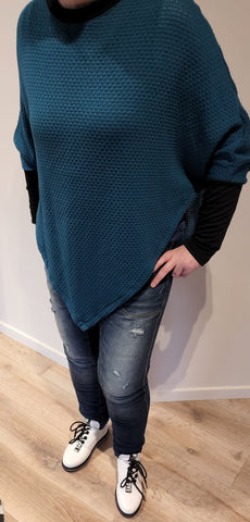 Teal Textured Merino Poncho With Sleeve