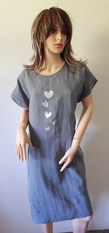 Linen Print Dress - Blue Grey