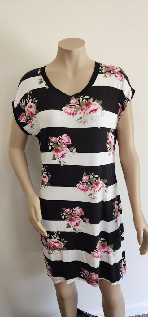 Black Wide Stripe Floral Dress