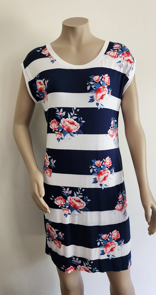 Navy Wide Stripe Floral Dress