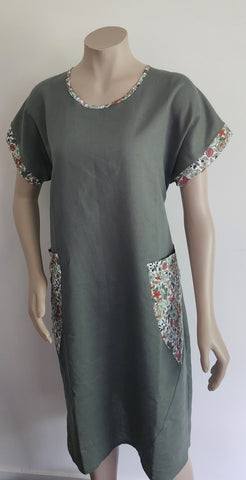 Khaki Floral Cotton & Linen Dress