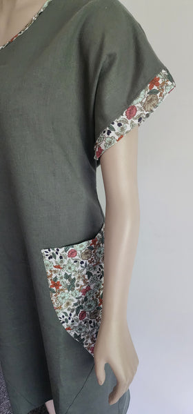 Khaki Floral Cotton & Linen Dress
