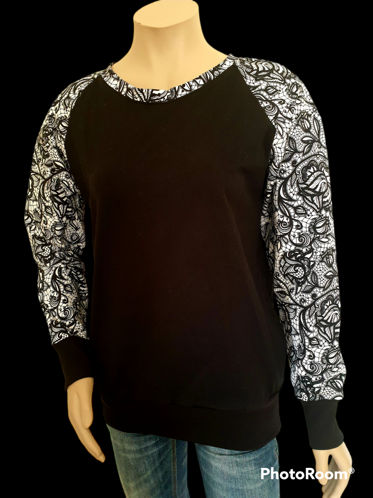 Black &  White Lace Print Sweatshirt