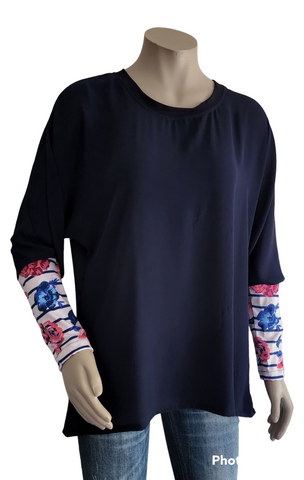 Navy & Pink Floral Sleeve Batwing Top