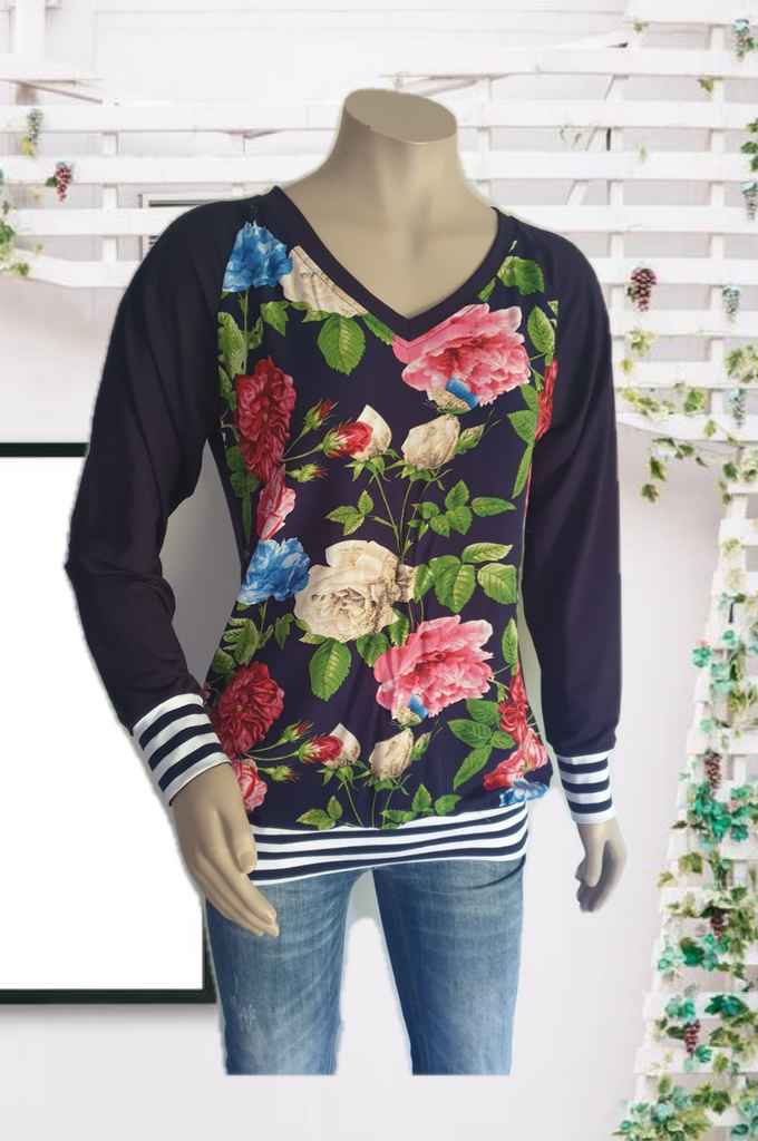 Navy  Floral V Neck Top